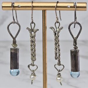 925 Sterling Silver Artisan Earring Lot Blue Topaz Drop & Pearl Heart 9.9g